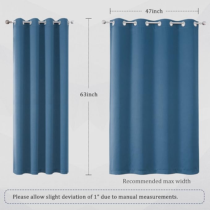 DUALIFE Midnight Blue Curtains 63 Inch Length for Boys Kids Room 2 Panel, Grommet Boho Curtains for Bedroom, Dark Denim Blue, 52 by 63 Inch