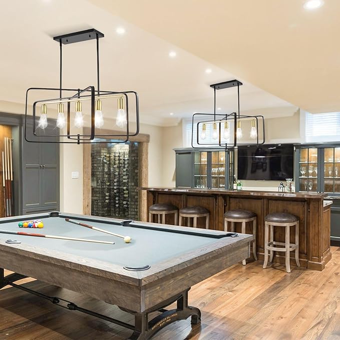 Black and Gold Farmhouse Chandeliers for Dining Room, 5-Light Kitchen Island Lighting, Rustic Rectangle Linear Pendant Lights, Large Dining Room Light Fixture/High Ceiling Chandelier Over Table