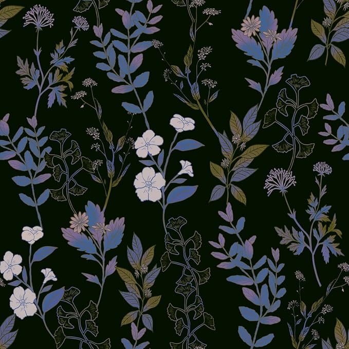 Black Blue Floral Wallpaper Peel and Stick Boho Blue Purple Leaf Contact Paper 17.4" X 118" Vintage Wallpaper Waterproof Self-Adhesive Dark Wall Covering for Bedroom Countertop Desk Cabinets