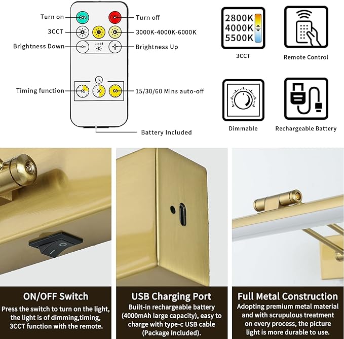 JUSHENG Wireless Picture Light with Remote and Timer, Battery Operated Art Light with Swing Arm, Rechargeable Gallery Lighting Display Light for Frame Artwork-Golden Like Brass 16'' Inch