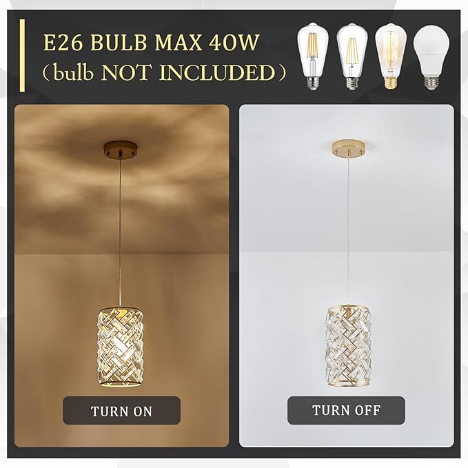 1-Light Gold Crystal Pendant Light, Mini Ceiling Hanging Light Fixture with K9 Prisms for Kitchen Island, Bathroom, Bedroom, or Bar