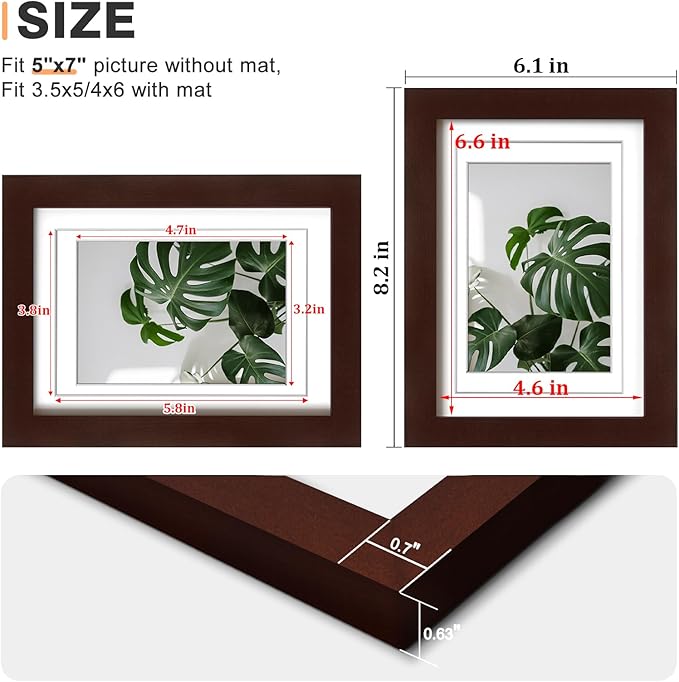 Egofine 5x7 Picture Frames Made of Solid Wood with Plexiglass, Display Pictures 3.5x5/4x6 with Mat or 5x7 Without Mat Set of 4 for Tabletop and Wall Mounting, Walnut Color