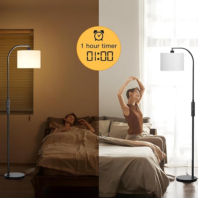 Arc Floor Lamp with Remote and Stepless Dimmable Bulb, Colors Temperature & Brightness Adjustable, Floor Lamps for Living Room（White Shade & Black Pole）