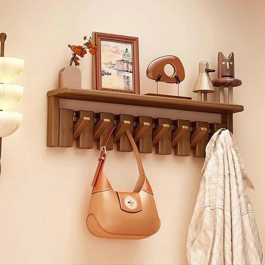 Wall Mounted Piano Key Hanger | Flip Style Hook | Entrance Wall Art Hook, Made of Oak Wood (3 Times Painted, 4 Times Polished) (Tray Walnut, 8Hooks)