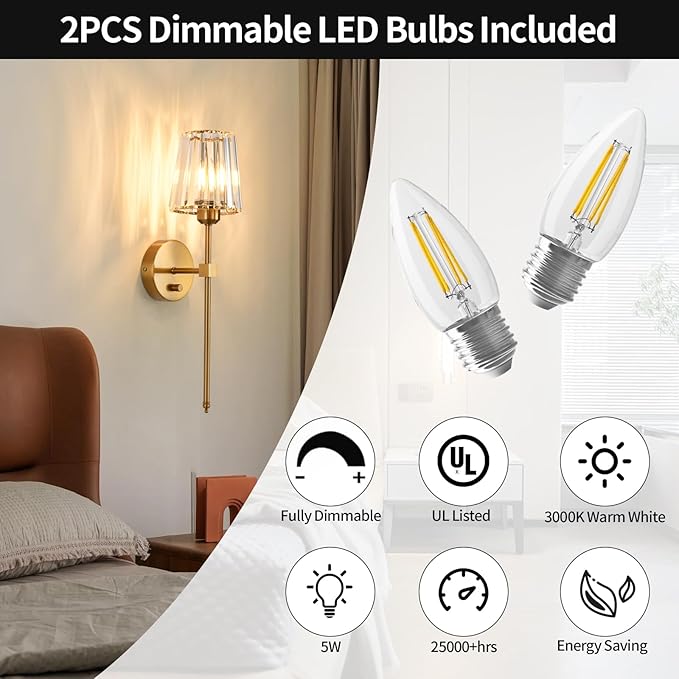 Crystal Wall Sconces Set of 2, Dimmable Wall Sconce with Plug in Cord and Dimmer Gold Plug in Wall Lamp Wall Mounted Light with Crystal Shade for Living Room Bedroom Vanity Light, Bulbs Included