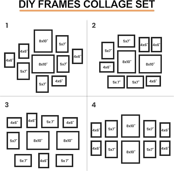 Collage Picture Frames Set of 10, Wall Decor for Mounting or Tabletop Display, Family Photo Gallery Frame Set - Multi Sizes Including Two 8x10, Four 5x7, Four 4x6, HD Glass, Rustic Wood