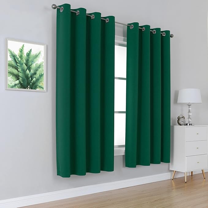 DUALIFE Emerald Green Blackout Curtains with Grommet 45 Inch Length Room Darkening Short Window Curtain Panels for Living Room 52 by 45 Inch 2 Panels Hunter Green