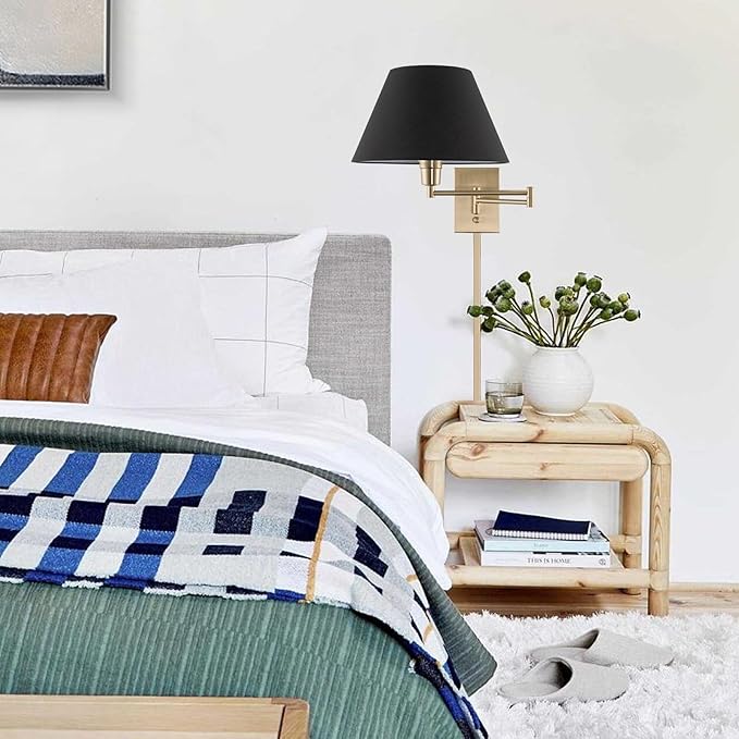 Kira Home Cambridge 15" Modern Swing Arm Wall Lamp - Plug in/Wall Mount + Black Fabric Shade, Cool Brass Finish, 2-Pack