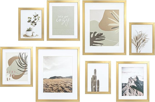 ArtbyHannah Gallery Wall Frame Set,Gold Picture Frames Collage Wall Decor with Neutural Art for Living Room Stariway,8 Pack Assorted Size-11"x14",8"x10",6"x8"