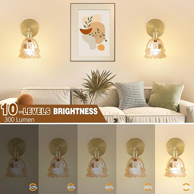 Vintage Battery Operated Wall Sconce with Flower lampshade,Rechargeable Battery Powered Wall Lights,Wall lamp with 15 Colors for Bedroom Living Room Home Decor (Lily Amber, 1 Light Battery Operated)