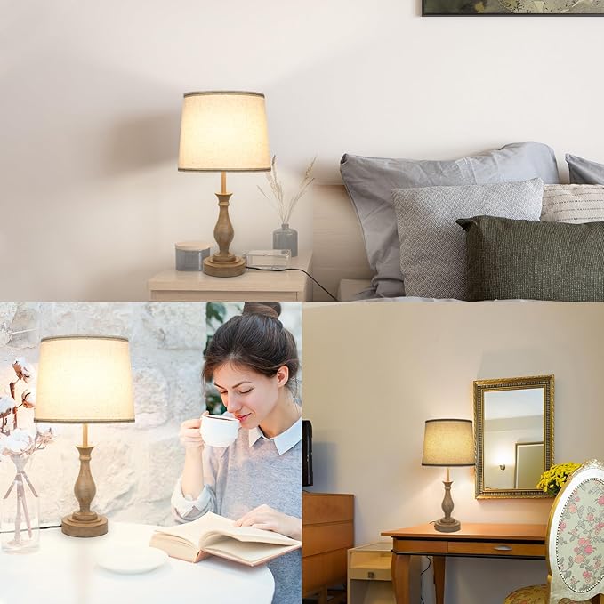 Touch Lamps for Bedrooms Set of 2, Farmhouse Table Lamp with Dual USB Charging Ports, 3 Way Dimmable Nightstand Lamps with Linen Fabric Lampshade for Bedroom (Pack 2-Beige Shade & Antique Brown)