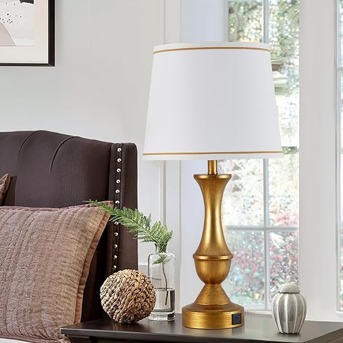 Luvkczc Gold Touch Table Lamps Set of 2, 22" Bedside Lamps with USB C+A Ports, 3 Way Dimmable Nightstand Lamps with White Lampshade,Table Lamps for Bedroom Living Room Bedroom Office, Bulbs Included