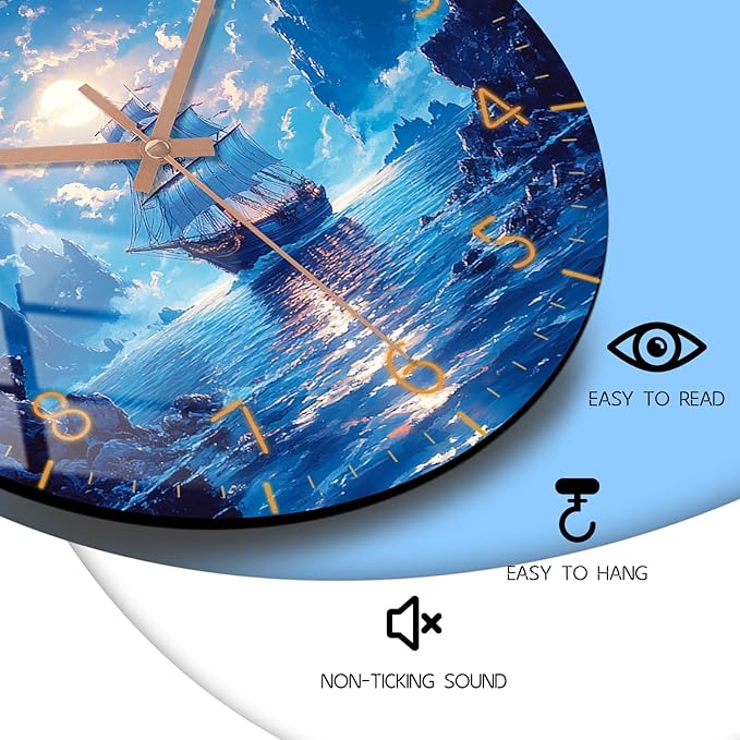 Sailing Boat Wall Clock 12 inch Battery Operated Modern Blue Wall-Clock Ocean Night Clocks Analog Wooden Clock Non Ticking for Bedroom, Office Decor
