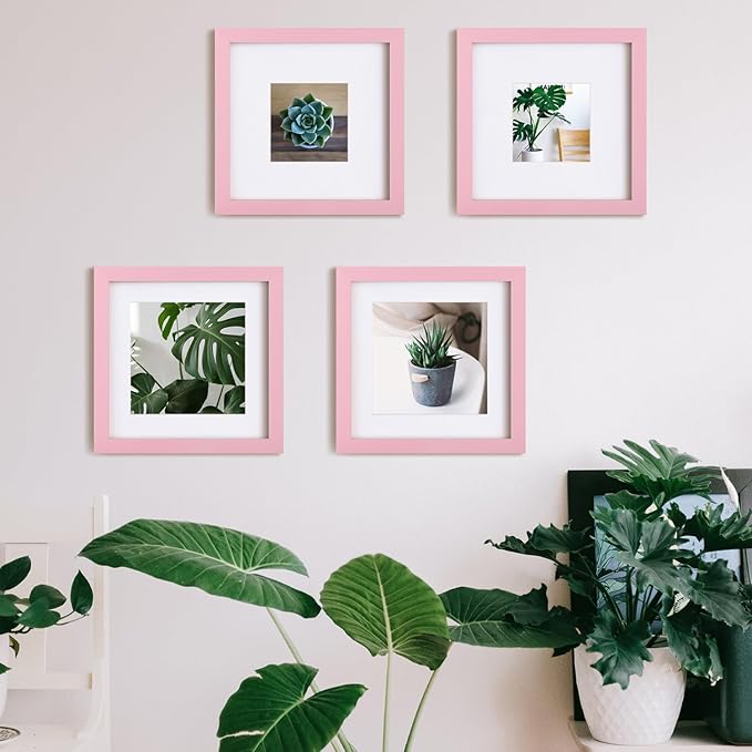 Egofine 8x8 Picture Frames with Plexiglass, Display Pictures 4x4/6x6 with Mat or 8x8 Without Mat Set of 4 for Tabletop and Wall Mounting, Pink