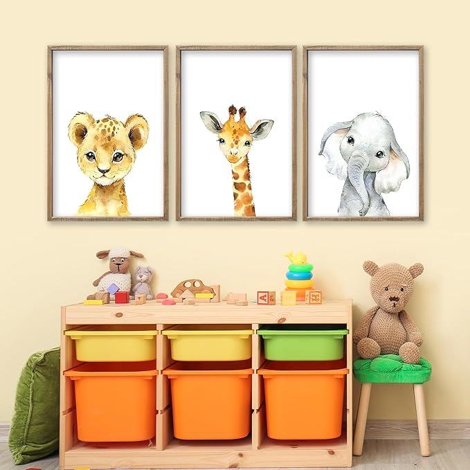 Baby Safari Nursery Wall Art Decor 11x16 Inch Set of 3 Wood Framed Cute Animal Giraffe Elephant Lion Prints Sign Kids Boys Girls Room Bedroom Jungle Animal Pictures Wall Hanging (Wood)