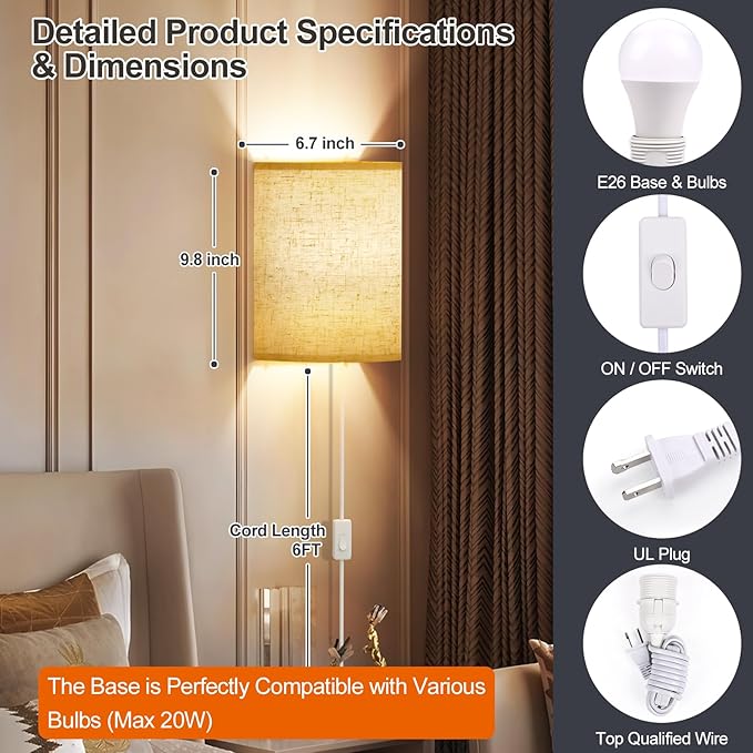 Plug in Wall Sconces Set of Two: Wall Lights with On/Off Switch - Stepless Color Temperature Wall Mount Lamps - Fabric Linen Wall Sconce for Bedroom Living Room & Hallway- Indoor Corded Wall Sconces