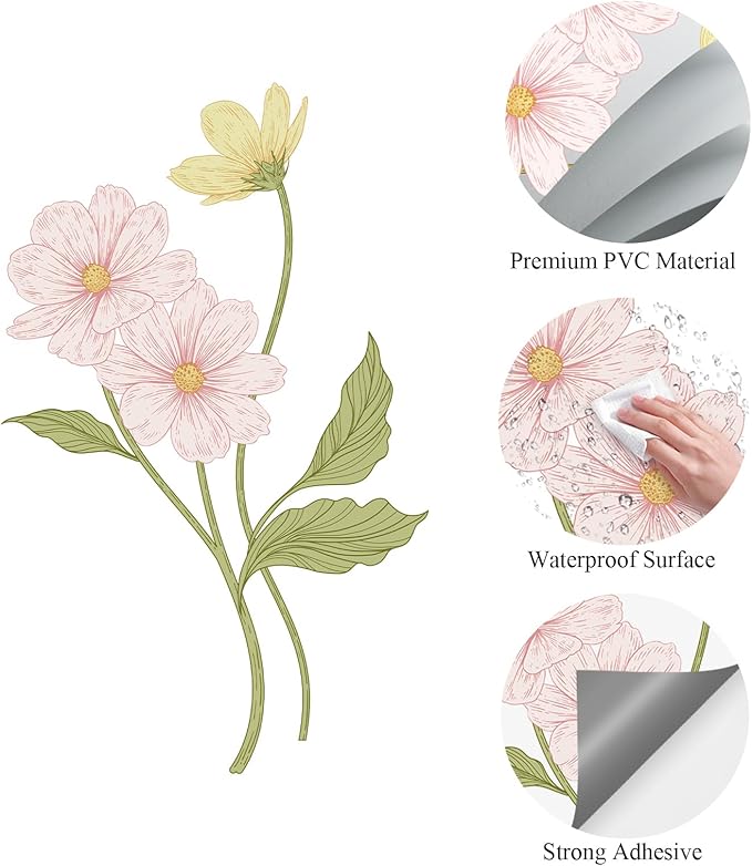 Large Flower Wall Decals 61" H x 31.1" W Peel and Stick Yellow Pink Daisy Wall Sticker Boho Floral Decal for Door Decorative Vinyl Wall Art Mural for Bedroom Living Room Classroom Office