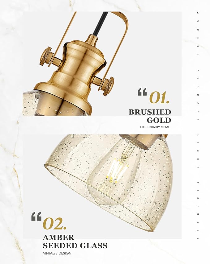 2-Pack Pendant Lights Kitchen Island, 7.5" Farmhouse Pendant Lighting with Amber Seeded Glass Shade, Hanging Light Fixtures for Dining Room, Brushed Gold, AD-22151-1P2-GD-OR