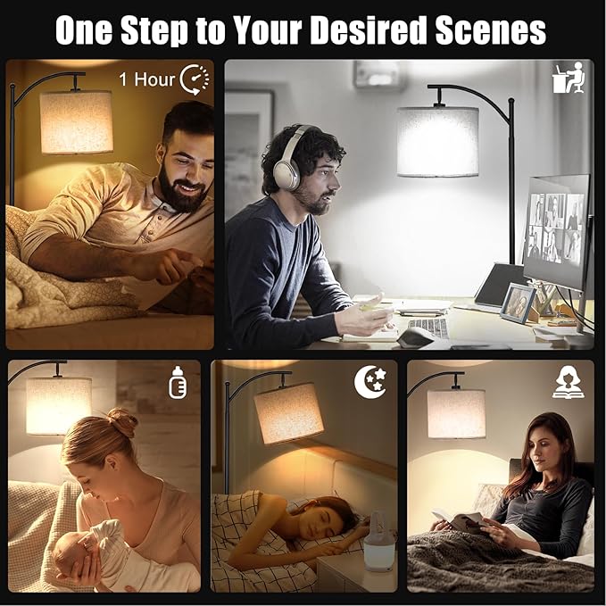 LED Floor Lamps for Living Room, 12W Modern Arc Floor Lamp with Remote & Adjustable Linen Lampshade, Stepless Dimmable Tall Standing Lamp for Bedroom Office Reading (Grey Shade)