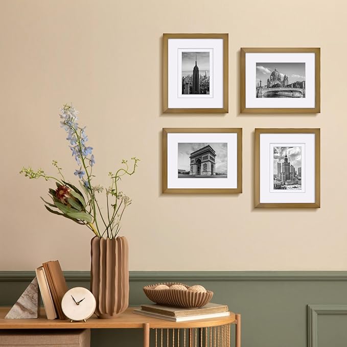Egofine 8x10 Picture Frames 4 Pack, for Pictures 4x6 or 5x7 with Mat Made of Solid Wood Covered by Plexiglass for Table Top Display and Wall Mounting Photo Frames, Light Brown