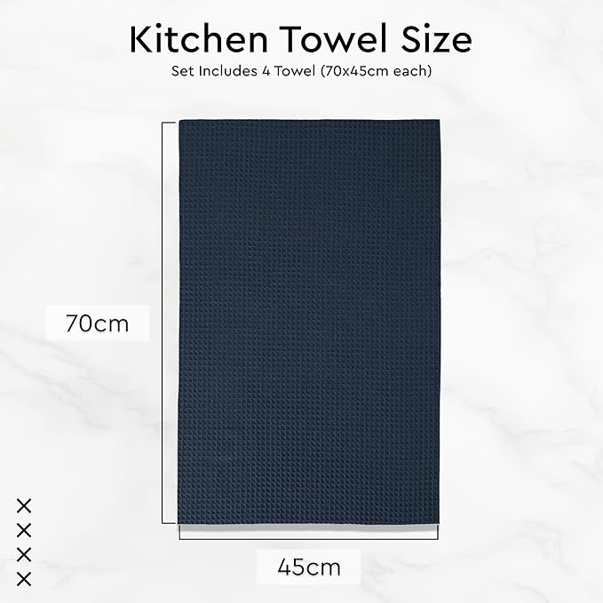 Encasa XO Kitchen Dish Towels Set | Navy Blue | Waffle Weave and Flat Hand Tea Towel | 28"x18" | Quick Drying Reusable Cotton Washcloths | Multipurpose Lightweight Dishcloths Set of 4