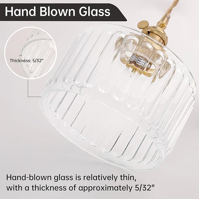 Plug in Pendant Light Hanging Light Fixture Corded On/Off Switch Brass Pendant Light with Clear Striped Glass Lampshade for Bedroom Living Room Kitchen Island