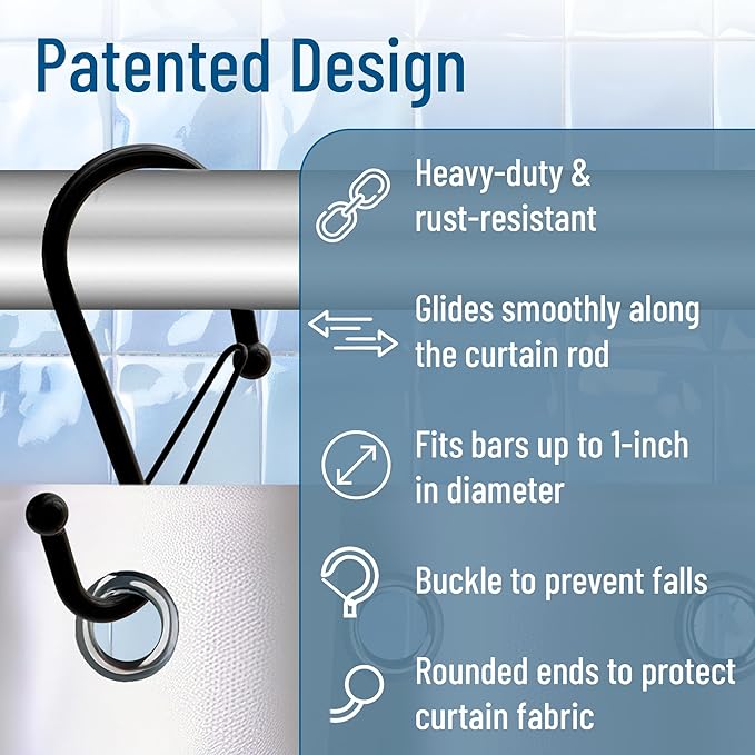 Set of 12 Black Metal S Hook Shower Hooks 1” – Closed, Heavy Duty, Long Decorative Shower Curtain Hooks, Easy Glide, Buckle, Large Rust Resistant Rings for Bathroom Rods (Black, S)