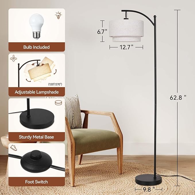 SUNMORY Floor Lamps for Living Room with 12W LED Bulb, Arc Floor Lamp with 3 Color Temperatures, Modern Floor Lamps with Adjustable Double Fabric Shades, Tall Standing Lamp for Bedroom, Corner