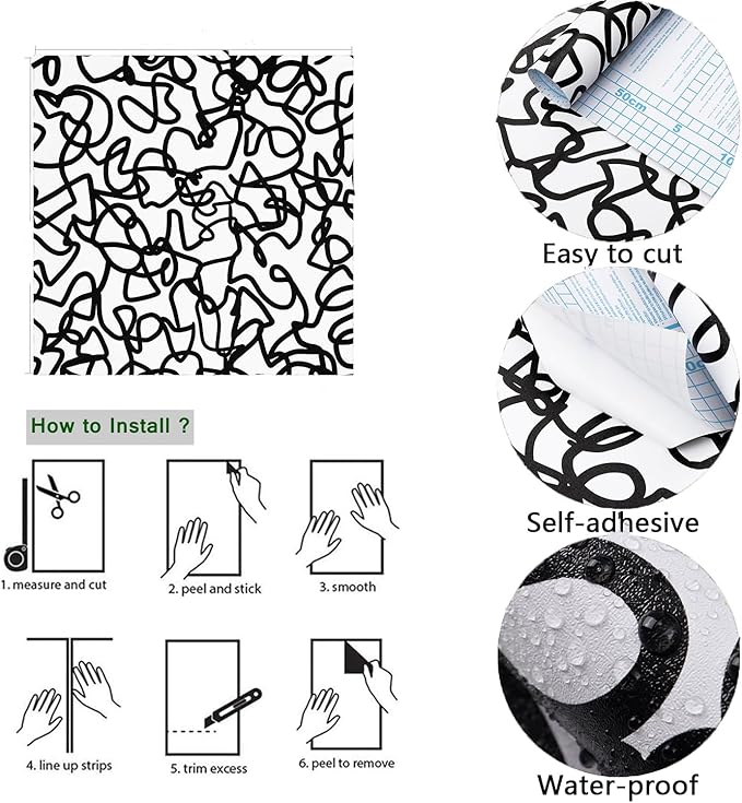 Ismoon 17.3"X393" Unique Black and White Peel and Stick Wallpaper Scribbles Wallpaper Modern Black Contact Paper Thickened Removable Self-Adhesive Contact Paper for Home Decoration Vinyl Film Roll