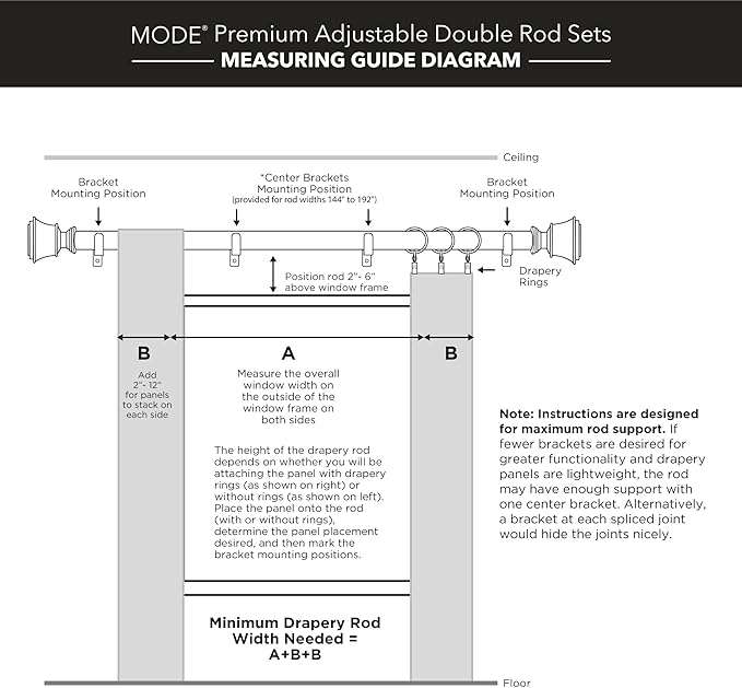 MODE Premium Collection Double Curtain Rod Set (1 1/8" Front Rod and 5/8" Back Rod) with Mod Doorknob Curtain Rod Finials, Wall Mounted Adjustable Curtain Rod, Fits 144” to 240” Windows, Brushed Gold