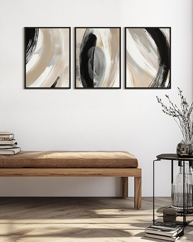 KUVIOKE Modern Abstract Framed Wall Art Black Neutral Minimalist Ink and Wash Graffiti Pastel Wall Decor for Bedroom Living Room 12x16in (Black Framed)