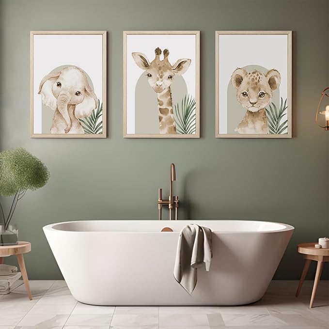 Animal Wall Art Pictures Baby Nursery Canvas Wall Art Decor Safari Animal Prints Jungle kids Wall Art Woodland Nursery Wall Decor Giraffe Jungle Poster for Room 16x24 Inch Wood Framed Set of 3