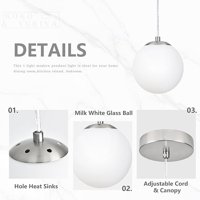 KoKo&Yukina 6 Inch Globe Pendant Light Nickel Globe Pendant Lights Kitchen Island Mid Century Light Fixture with Milky White Glass Shade for Dining Room Living Room