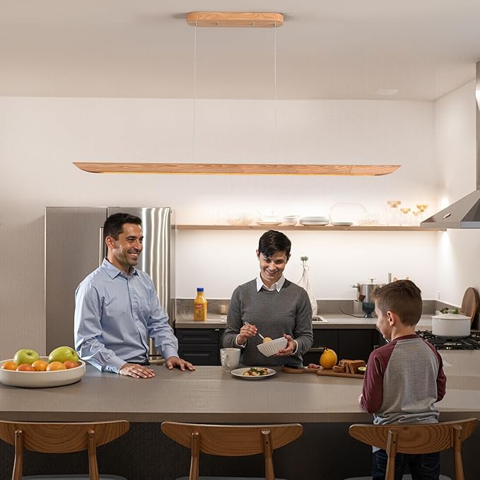 71" 40W Wood LED Linear Pendant Light Fixture,Dimmable Pool Table Island Lights,Modern Linear Hanging Chandeliers,for Dining Room Kitchen Island,Pool Table Lights,Natural Wood Color