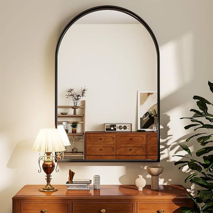 24" x 36" Luxury Arched Bathroom Mirror - Arch Wall Mirror with Shatterproof Tempered Glass and Metal Deep Frame, Hanging or Leaning for Living Room, Dresser, Entrance and Hallway, Black