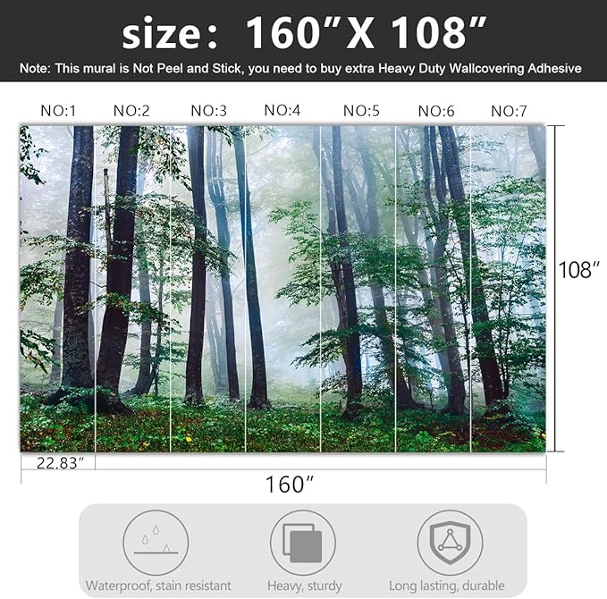 -Green Forest Landscapes Woodland Tree Fabric Wallpaper Living Room Bedroom Bathroom Jungle Wall Mural- 160"x108"（ not Peel and Stick）