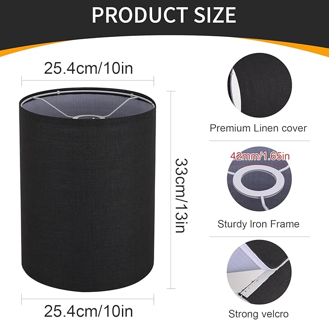 Black Linen Tall Drum Lampshade, 10" Top x 10" Bottom x 13" High Lamp Shade, Lamp Shade Replacement for Table and Floor Lamps, Pendant Light, Handcrafted Lampshade, Easy Assembly