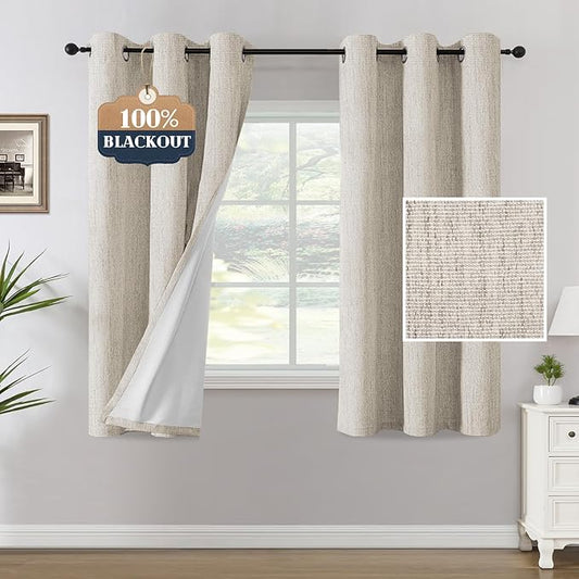 H.VERSAILTEX Chenille Linen Blackout Curtains for Bedroom Thermal Insulated Textured Linen Look Curtains with White Flocking Coating Back, 42" W x 63" L, Heathered Natural(Not Solid)