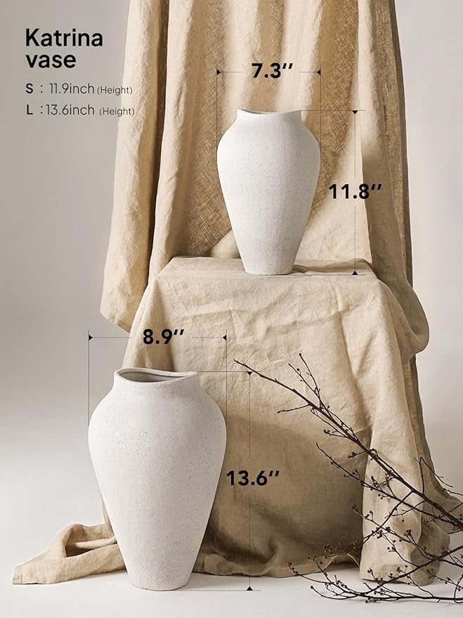 White Ceramic Vase - Large 11.8 Inch Tall Floor Vase for Centerpieces, Farmhouse Rustic Minimalist Home Decor for Living Room, Enterway, Wedding (Sandstone White)