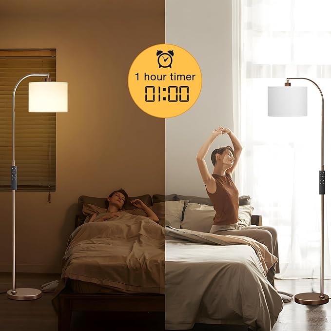 Arc Floor Lamp with Remote and Stepless Dimmable Bulb, Colors Temperature & Brightness Adjustable, Floor Lamps for Living Room（White Shade & Brown Pole）