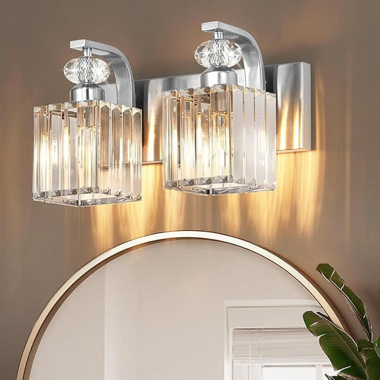 Modern Bathroom Vanity Light, 2-Light Nickel Bathroom Lighting Fixtures Over Mirror, 12.6" Crystal Wall Light Sconce for Bathroom/Bedroom/Vanity, Includes LED Bulbs, Easy Installation