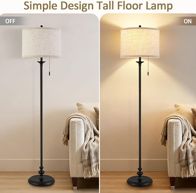 Luvkczc Black Floor Lamp, 60" Standing Lamp Tall Lamp with Fabric Lampshade&Pull Chain Corner Floor Lamps for Living Room, Bedroom & Office Bulbs Not Included