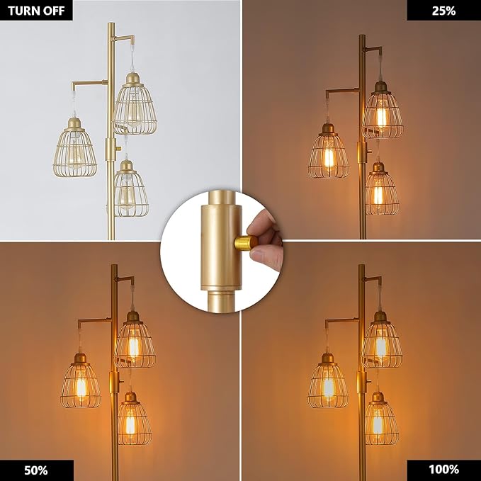 9MMML Gold Dimmable Floor Lamp,Industrial Farmhouse Tall Standing Floor Lamp for Living Room, Bedroom, Corner,Office,Gold 3 Teardrop Cage Lampshade,68”Height,3 LED Bulb Included