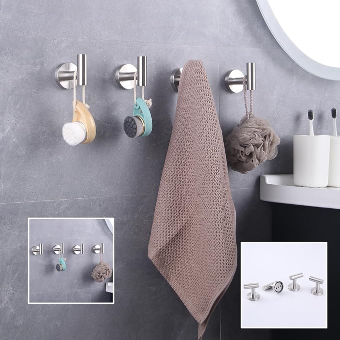 GERZWY Bath Towel Hook SUS 304 Stainless Steel Coat/Robe Clothes Hook for Bath Kitchen Modern Hotel Style Wall Mounted 4 Pack Brushed Finish AG1307B-LS