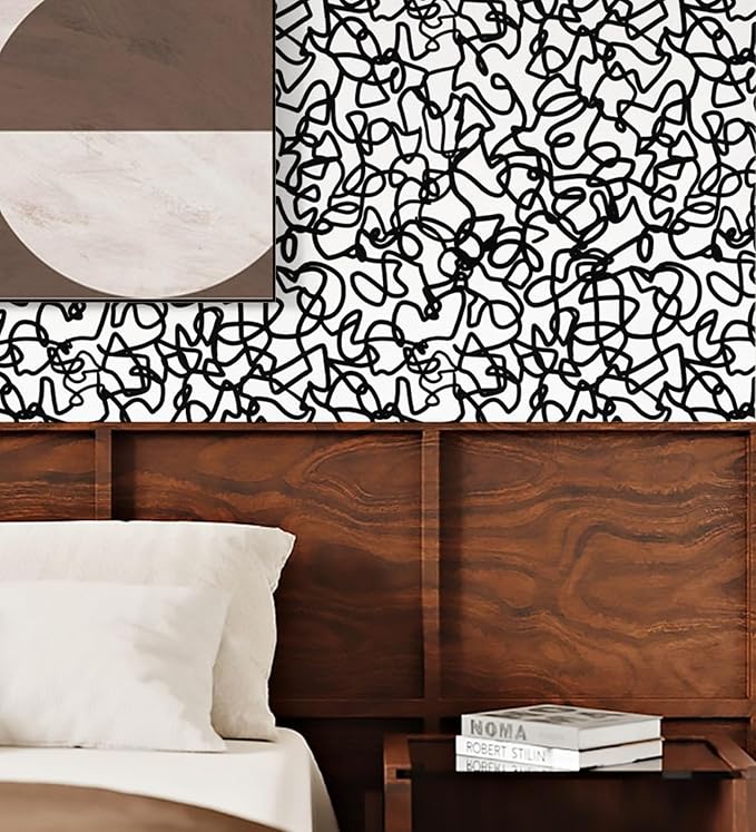 Ismoon 17.3"X393" Unique Black and White Peel and Stick Wallpaper Scribbles Wallpaper Modern Black Contact Paper Thickened Removable Self-Adhesive Contact Paper for Home Decoration Vinyl Film Roll
