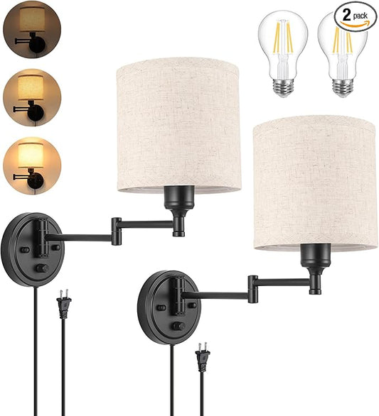 ENCOMLI Dimmable Plug in Wall Sconces, Swing Arm Wall Lamp, Wall Sconces Set of Two, Plug in Wall Light, Sconces Wall Decor Set of 2, Linen Fabric Shade, 2pcs Bulbs Included