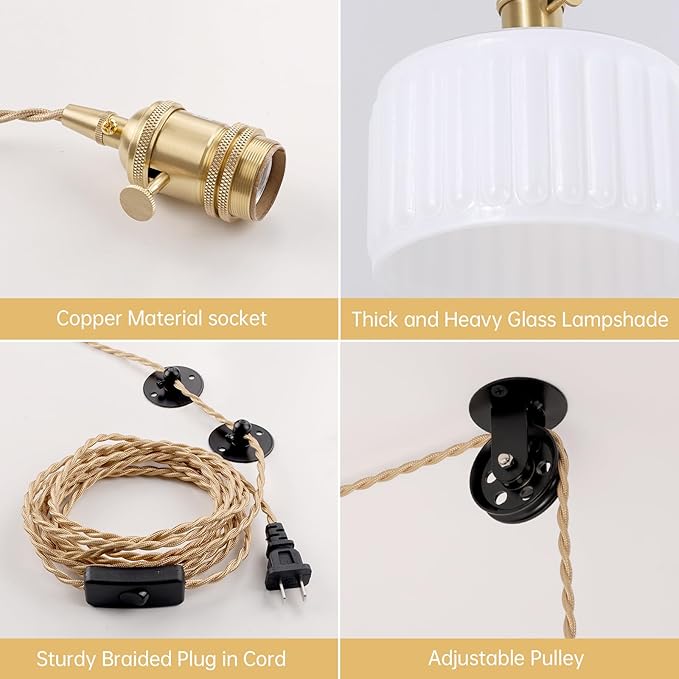 Plug in Pendant Light Hanging Light Fixture Corded On/Off Switch Brass Pendant Light with White Striped Glass Lampshade for Bedroom Living Room Kitchen Island