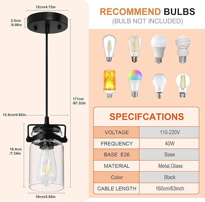 Industrial Pendant Lighting Fixtures, Hanging Pendant Lights with Seeded Glass Shade, 3 Pack Black Ceiling Light Fixture Adjustable Farmhouse Pendant Light for Kitchen Island Dining Room