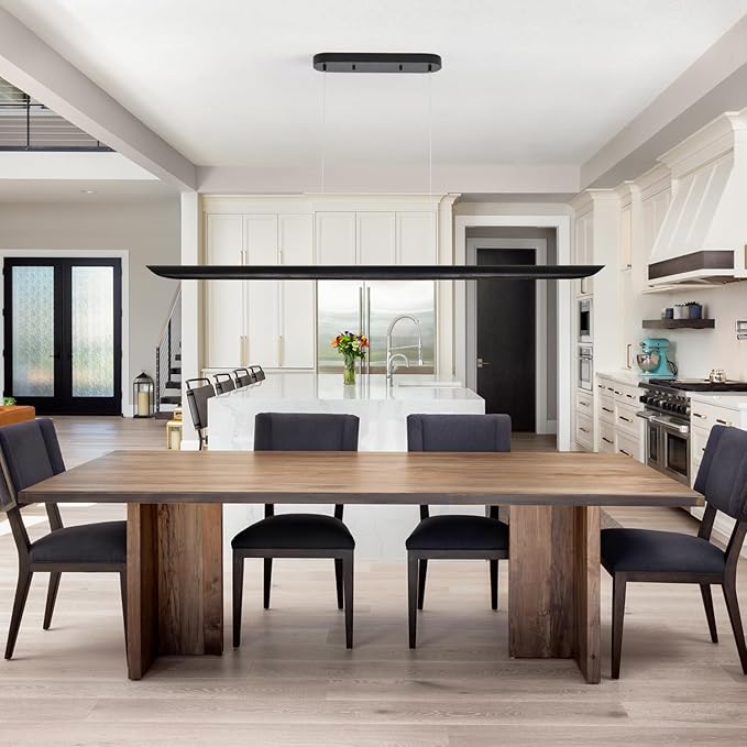 55" Modern LED Linear Pendant Light,Dimmable Kitchen Island Light 40W LED lsland Lights for Kitchen,Adjustable Linear Chandelier for Dinning Room Light Fixture, Bar, Pool Table Light Black Wood Finish