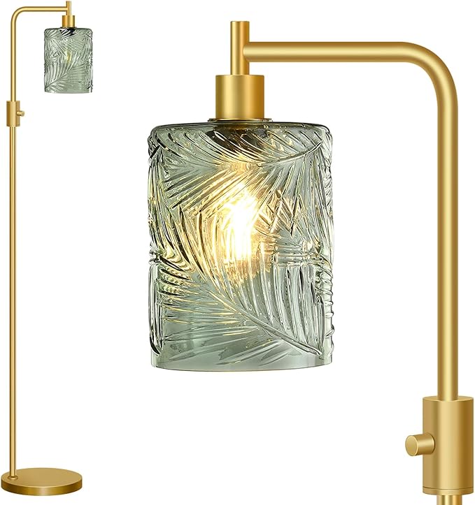【Upgraded】 Dimmable Glass Floor Lamp for Living Room, Modern Gold Standing Lamp with Green Feather Glass Lampshade & Knob Dimmer, Arc Tall Lamp for Bedroom Office Reading Room, 2700K Led Bulb Included